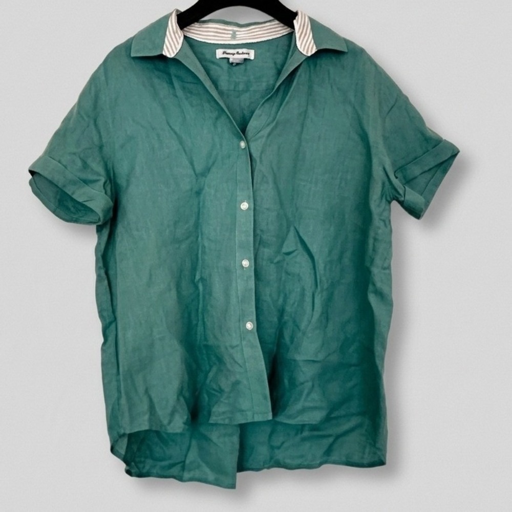 Tommy Bahama Teal 100% Linen Short Sleeve Button Down Lagenlook Coastal Grandma